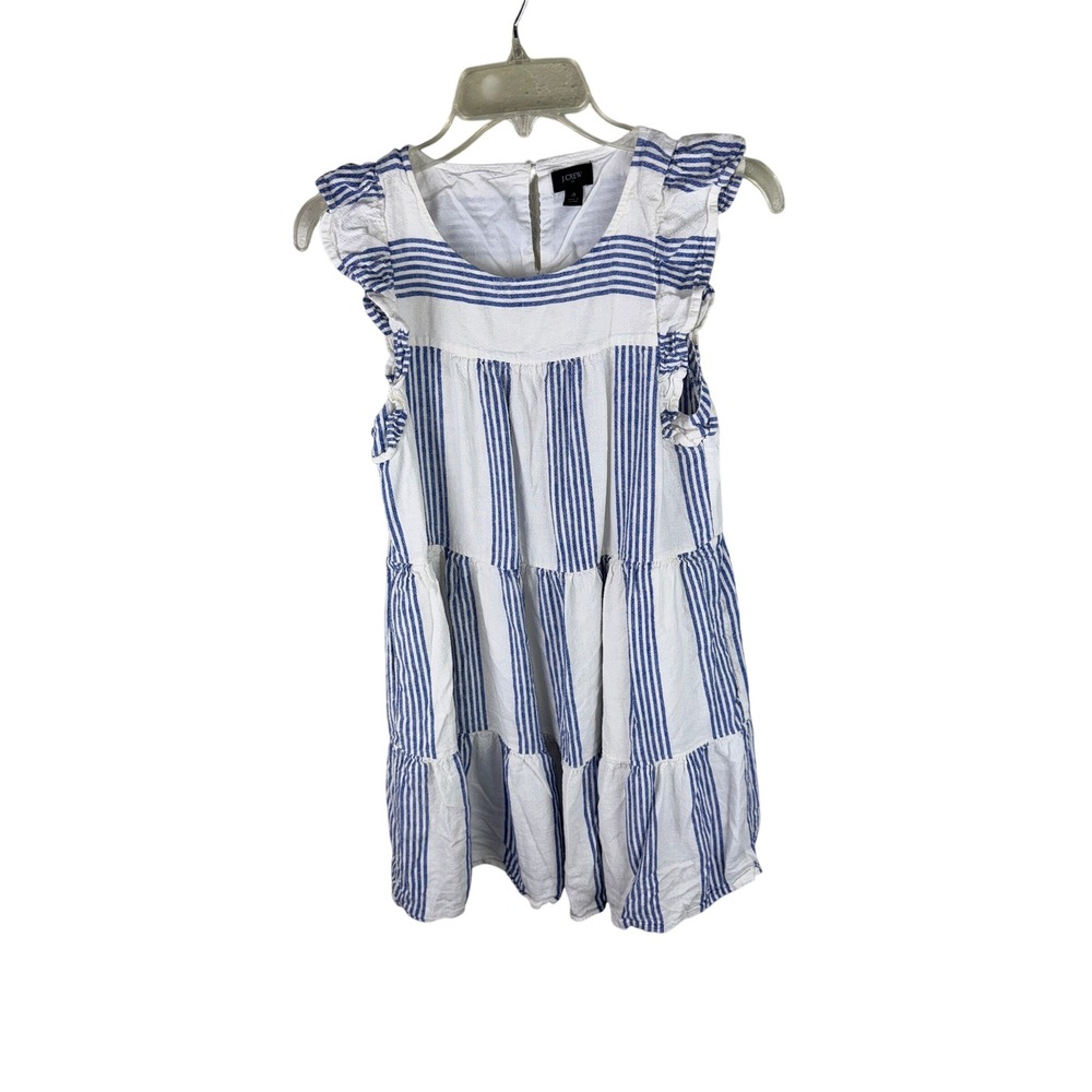 J.Crew Blue White Striped Tiered Linen Blend Ruffle Mini Dress Womens 4